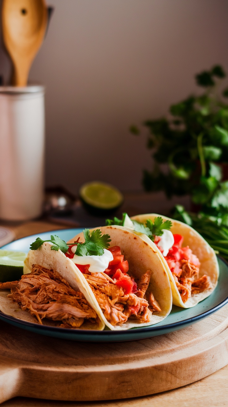 Three chicken tacos on a plate, garnished with diced tomatoes and sour cream