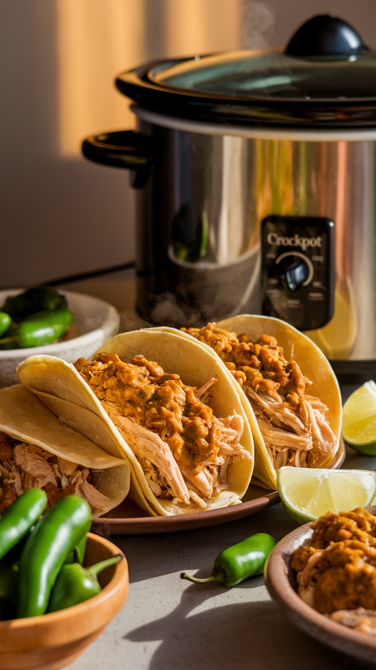 A close up of crockpot chicken tacos with green chile on a table, featuring shredded chicken in tortillas with lime and jalapeños.