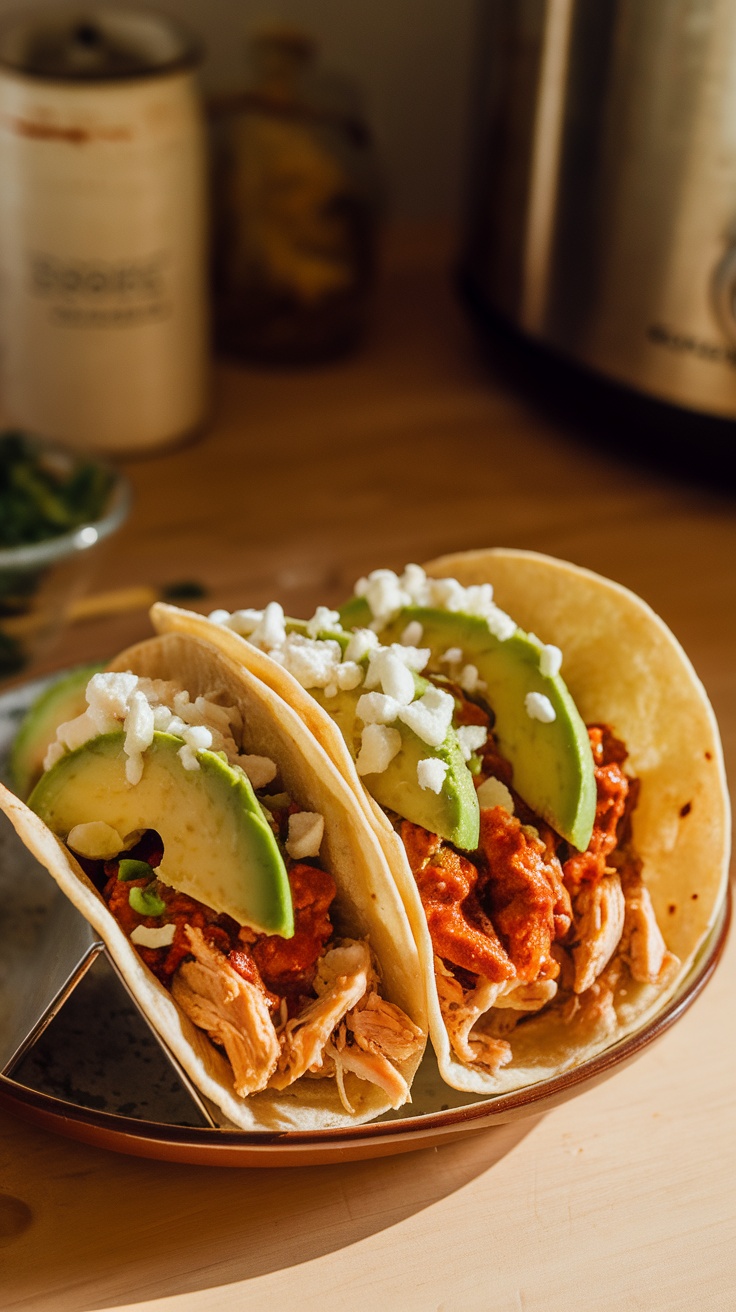 Crockpot Chicken Tacos with Green Chile on a plate, topped with avocado and cheese