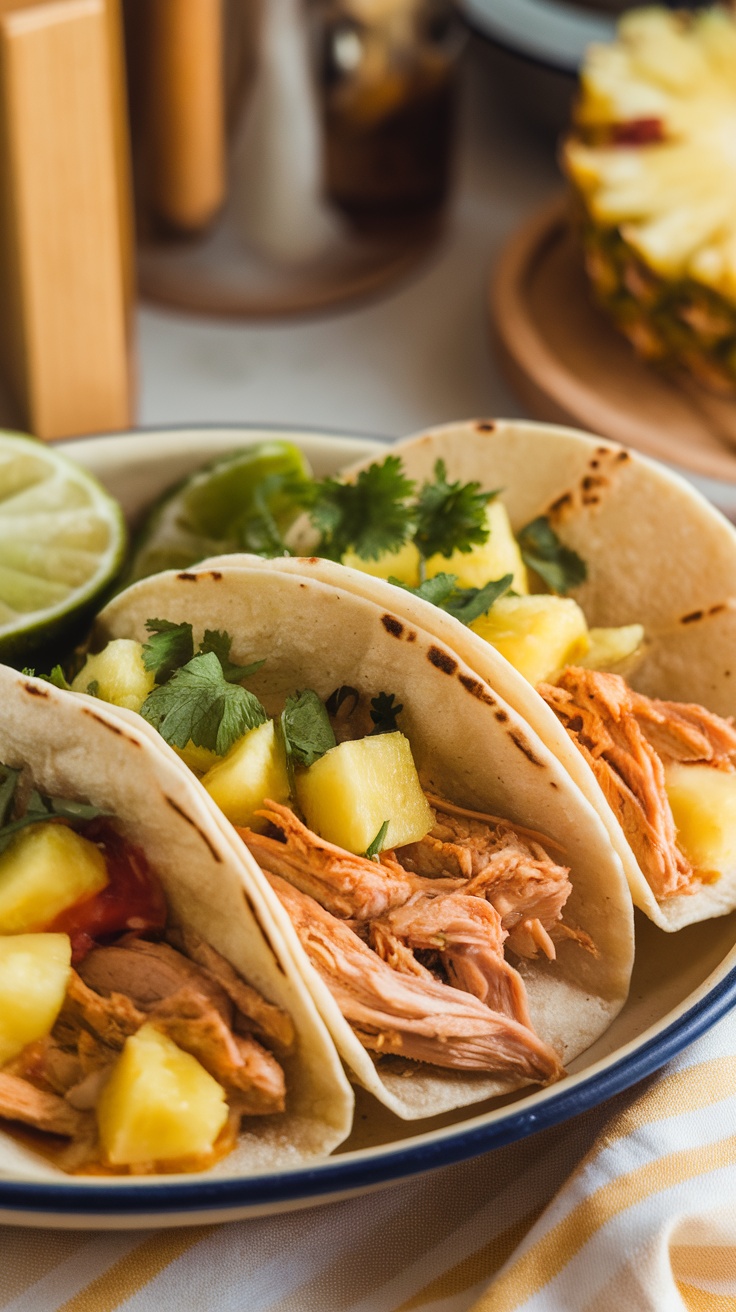 Three tacos filled with shredded chicken and pineapple on a plate, with lime slices and cilantro.