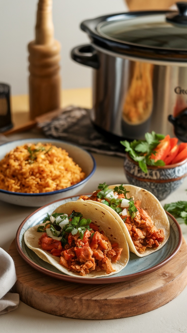 Delicious crockpot chicken tacos with rice on a wooden plate