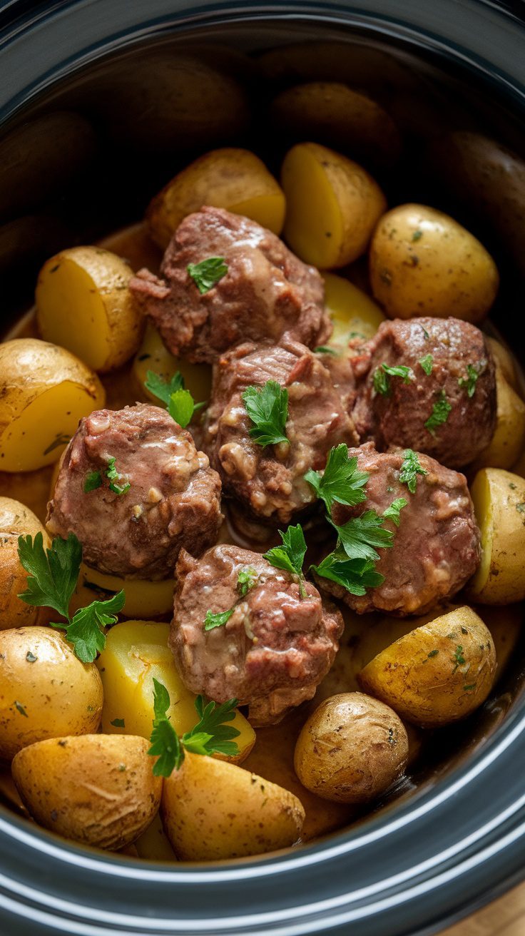 Crockpot Garlic Butter Beef Bites with Potatoes