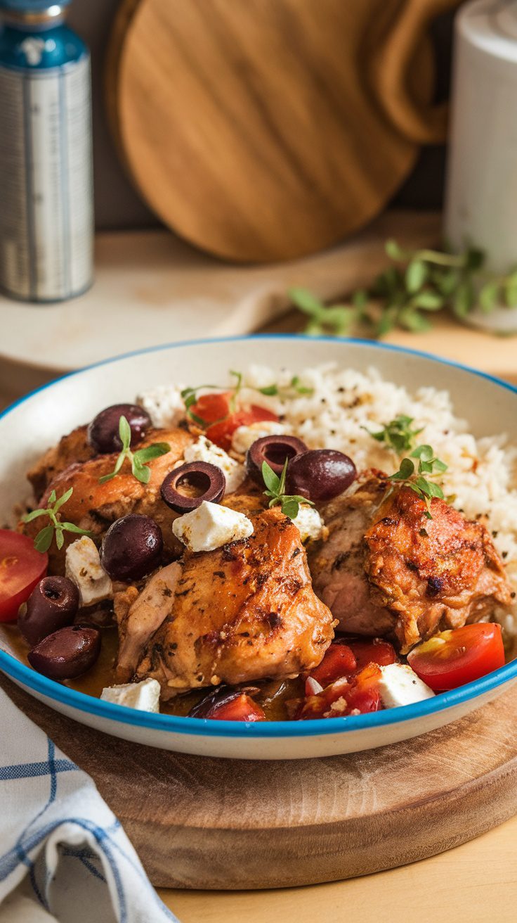 A bowl of Crockpot Greek Chicken with olives, feta cheese, cherry tomatoes, and rice, garnished with herbs.