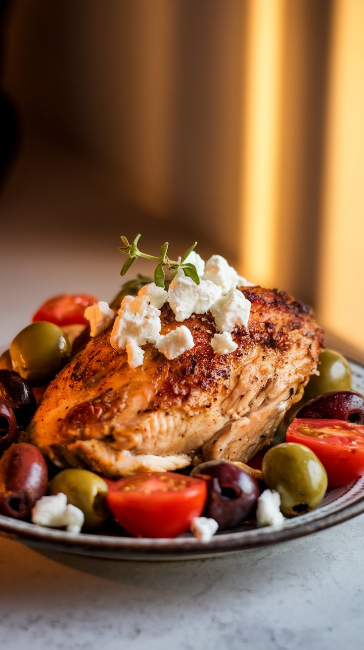 A plate of Greek chicken with olives, tomatoes, and feta cheese, ready to be served.