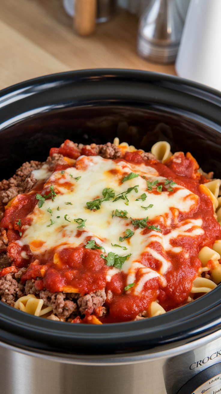 Crockpot filled with ground beef and pasta topped with marinara sauce and cheese.