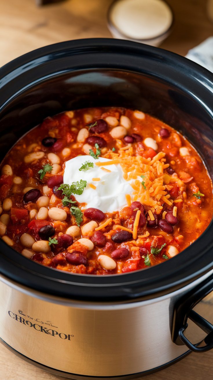 Crockpot Ground Turkey Chili with beans and toppings