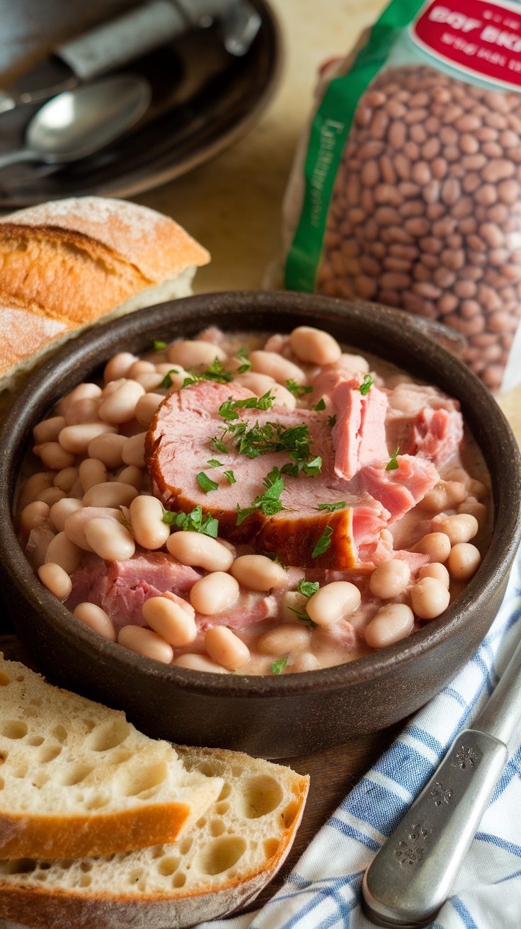 A bowl of ham and beans with slices of ham on top, surrounded by white beans and garnished with herbs, with crusty bread on the side.