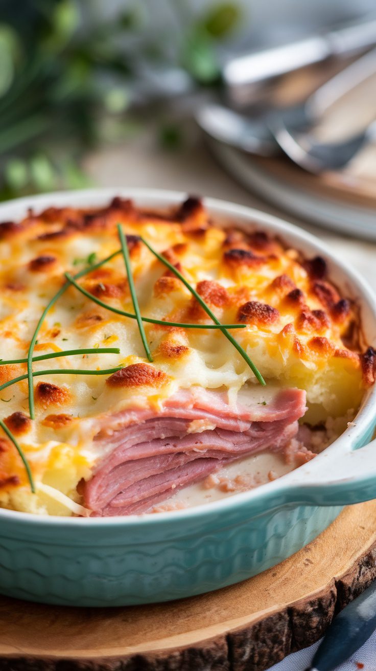 A delicious serving of ham and potato casserole topped with melted cheese and garnished with chives.