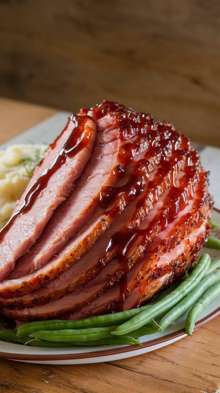 Deliciously glazed ham served with green beans and mashed potatoes