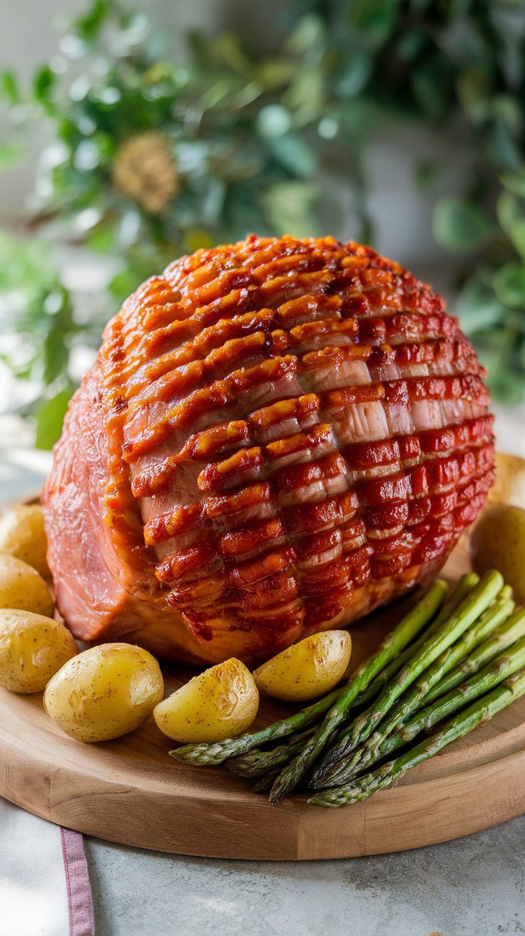 Crockpot ham with mustard and brown sugar glaze, served with potatoes and asparagus.