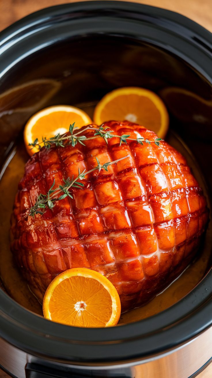 Crockpot Honey Glazed Ham with orange slices and thyme