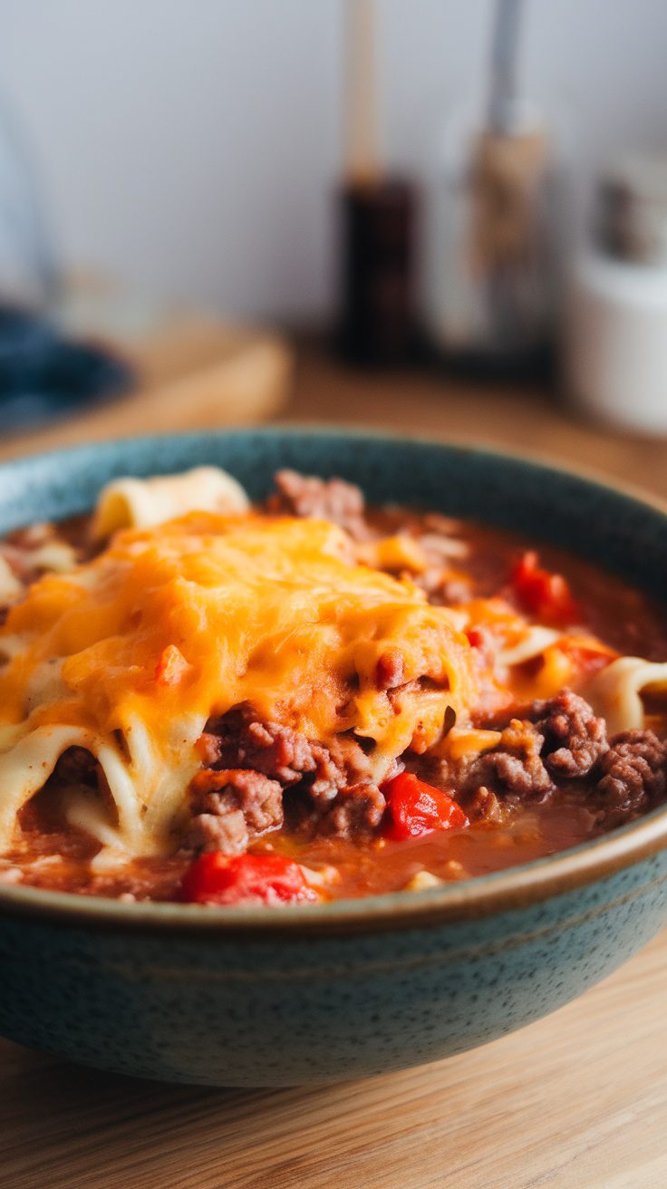 A bowl of lasagna soup topped with melted cheese and ground beef, served in a blue bowl.