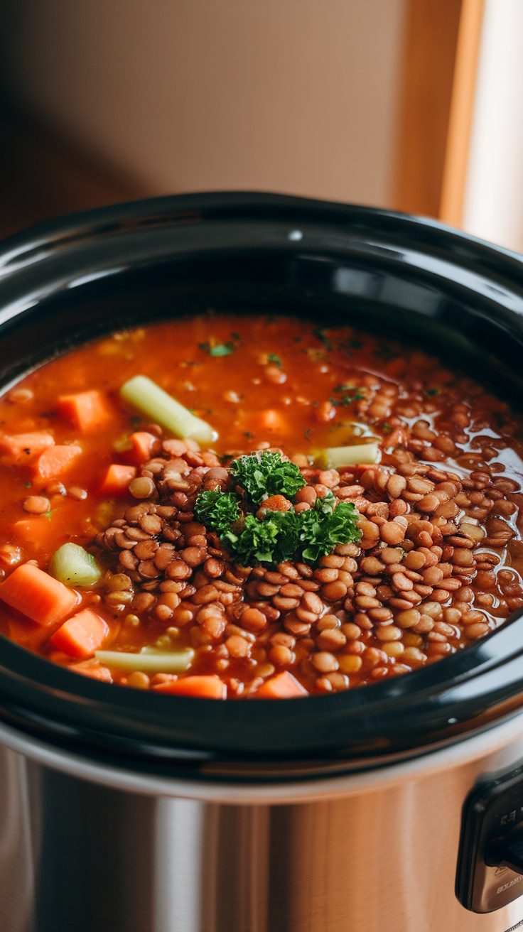 A close-up of a delicious lentil soup in a crockpot, featuring lentils, carrots, celery, and spices.