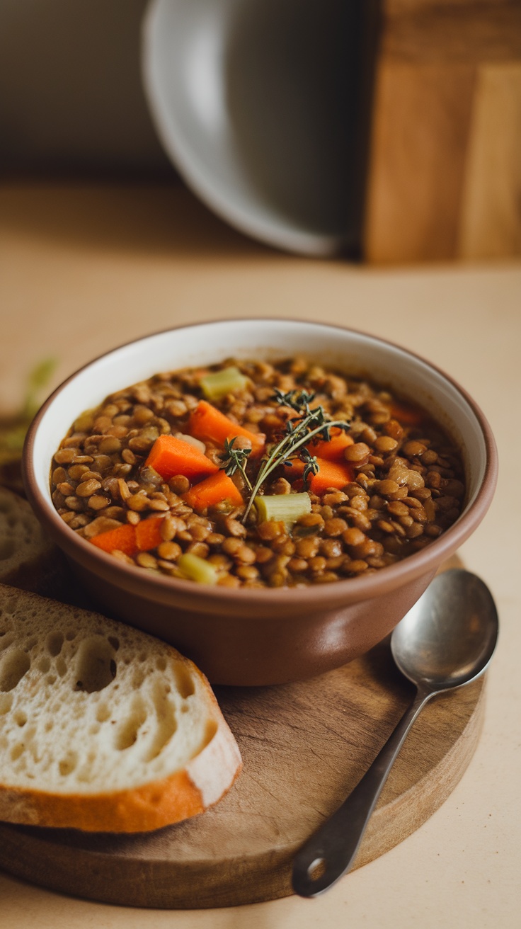 Bowl of lentil soup with carrots and celery, accompanied by slices of bread.