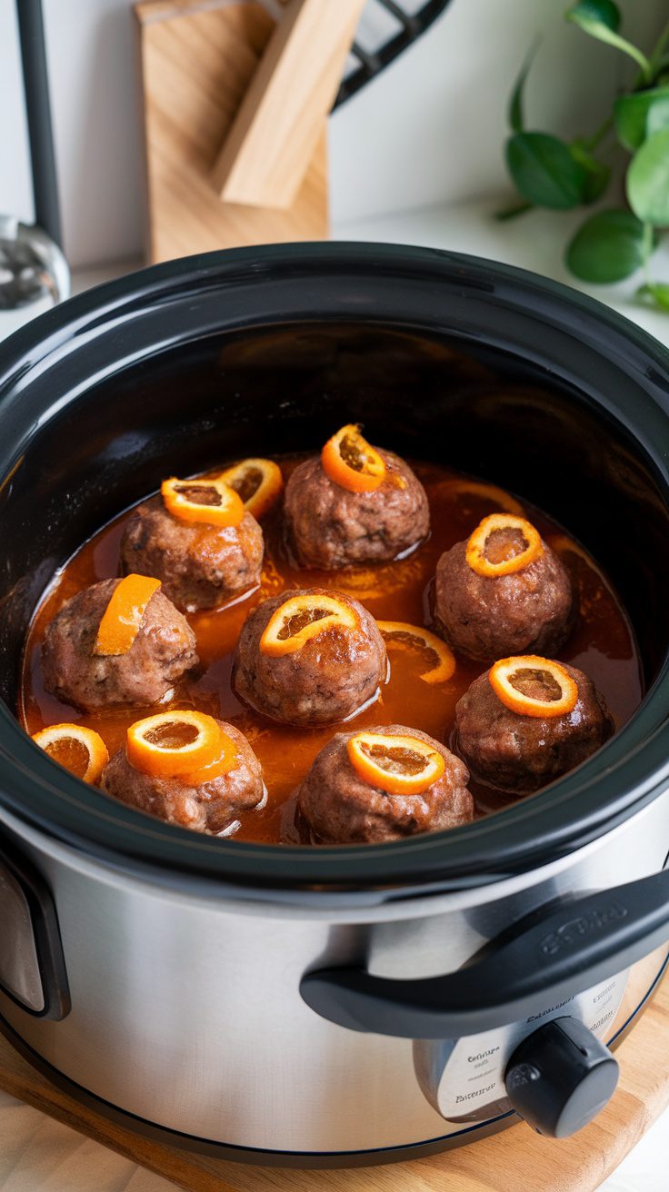 Crockpot meatballs in orange sauce with orange slices