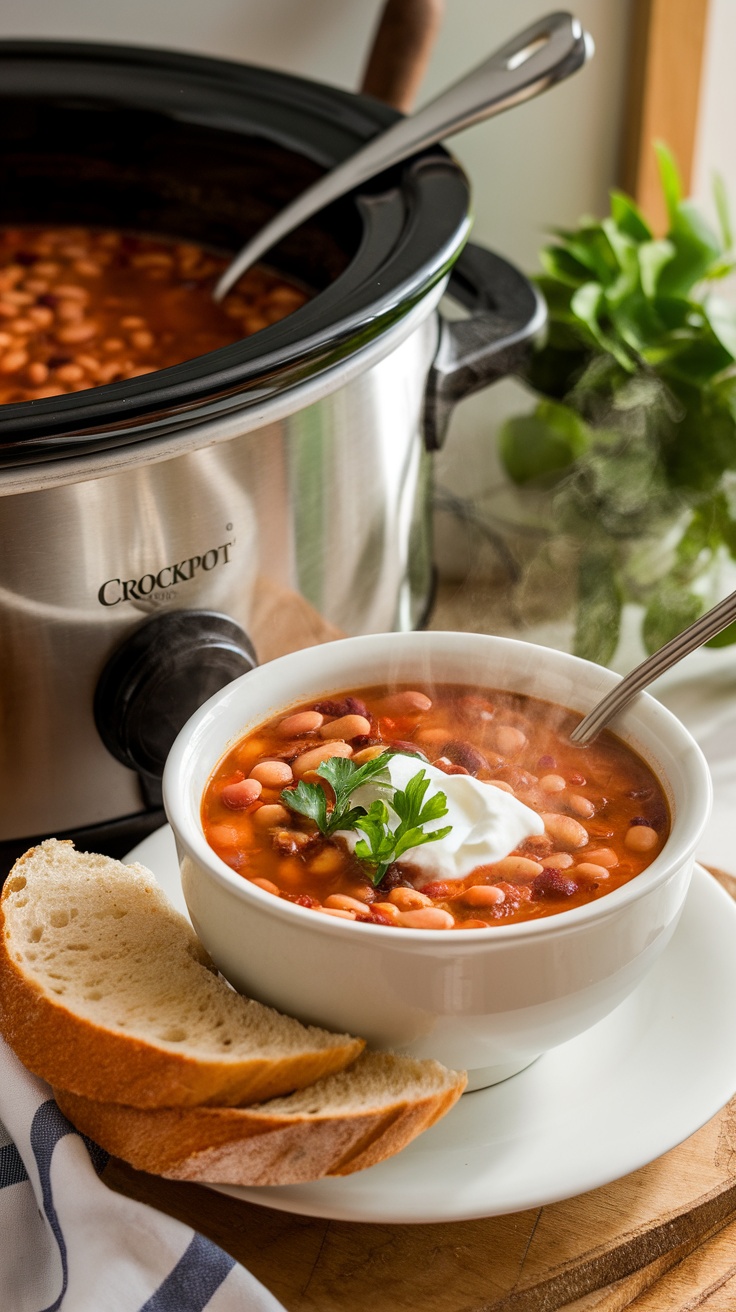 Bowl of Crockpot Pinto Bean Soup with sour cream and parsley, served with slices of bread