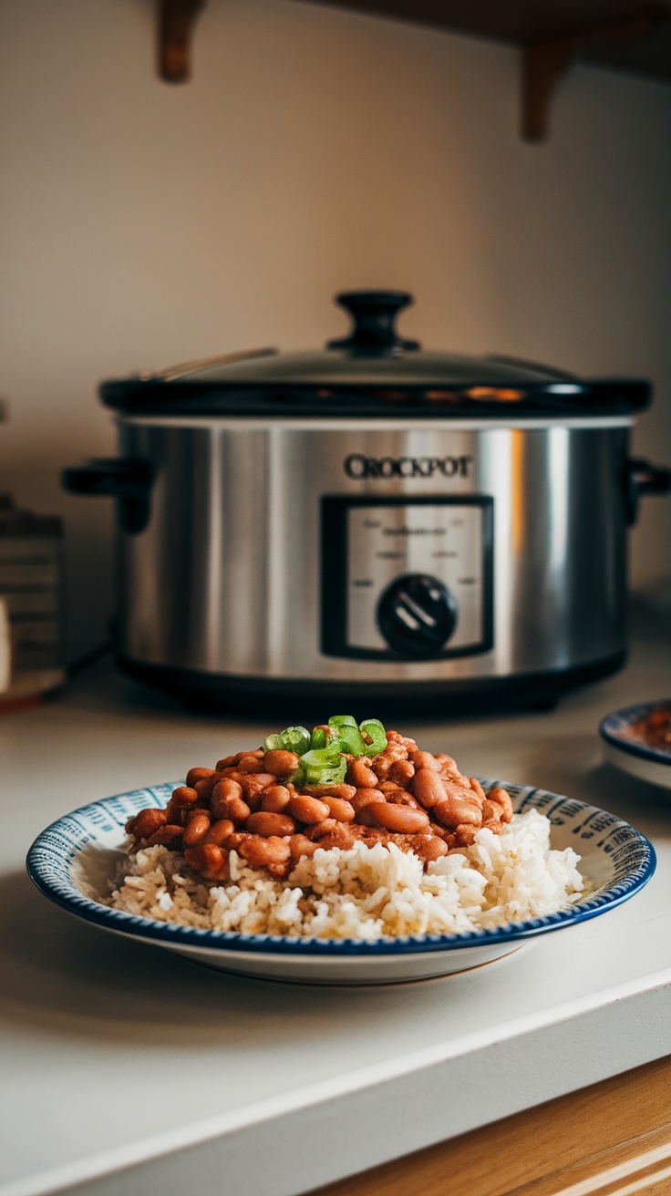 A bowl of pinto beans served over rice with green onions on top, alongside a crockpot.