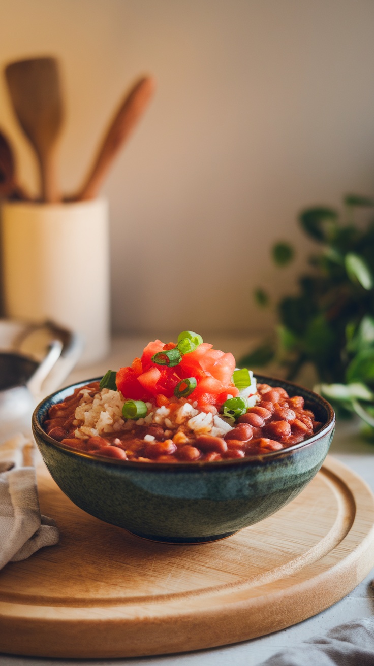 A bowl of Crockpot Pinto Beans and Rice topped with tomatoes and green onions