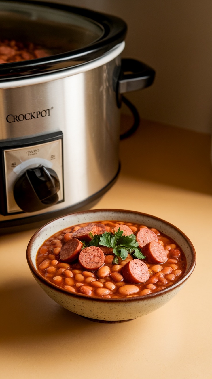 A bowl of crockpot pinto beans with sausage, garnished with parsley, next to a slow cooker.