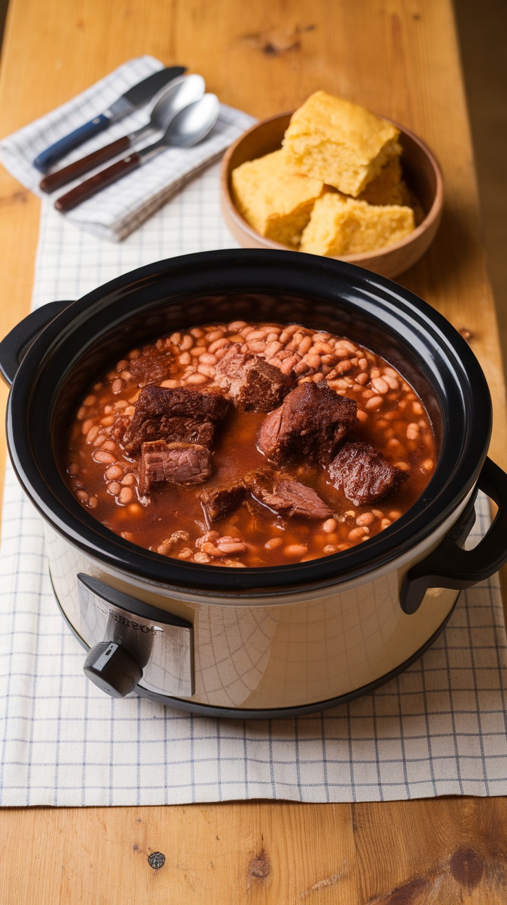 Bowl of Crockpot pinto beans with smoked meat and cornbread on the side.