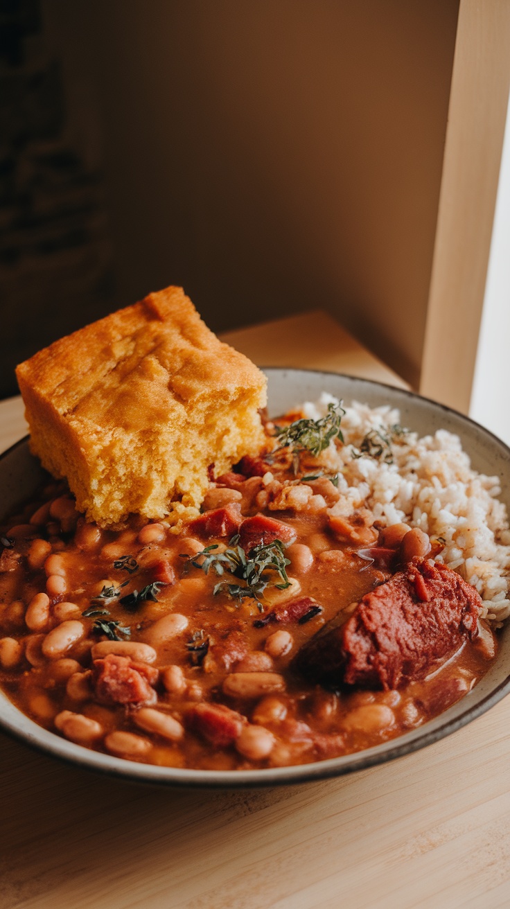 A bowl of pinto beans with smoked meat, served with cornbread and rice.