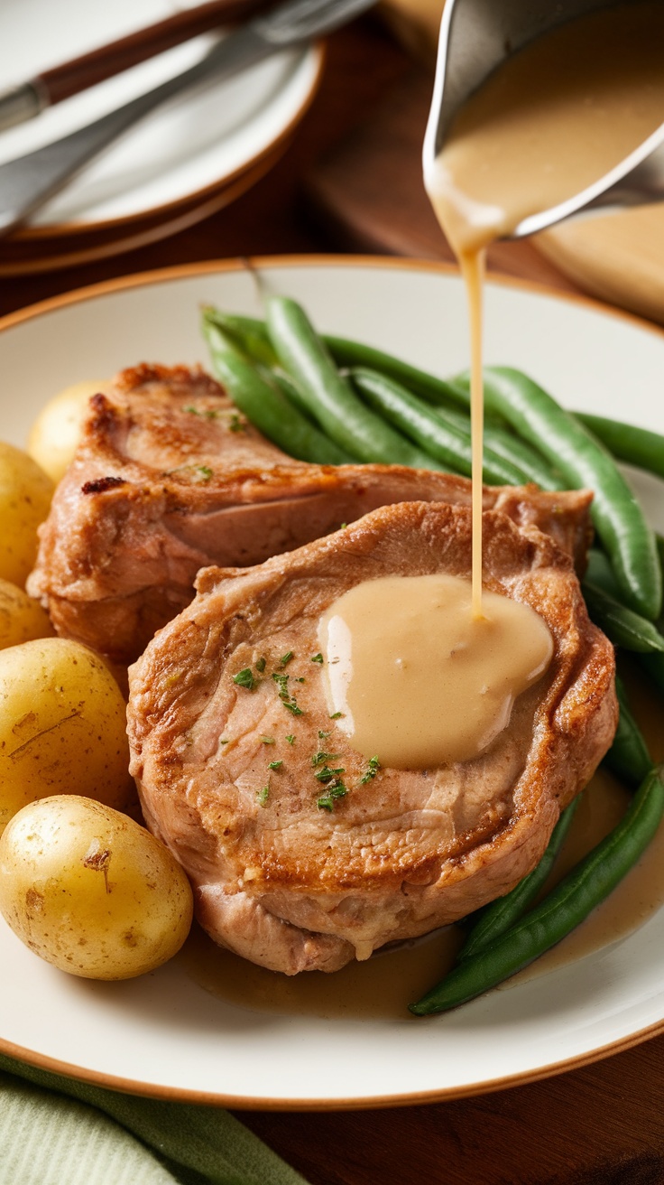 A plate of pork chops served with potatoes and green beans, and gravy being poured on top.