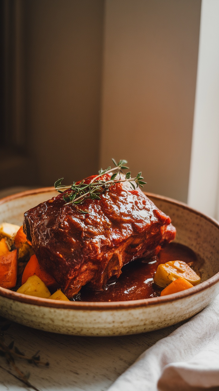 A plate of red wine braised short ribs garnished with fresh herbs, surrounded by colorful vegetables