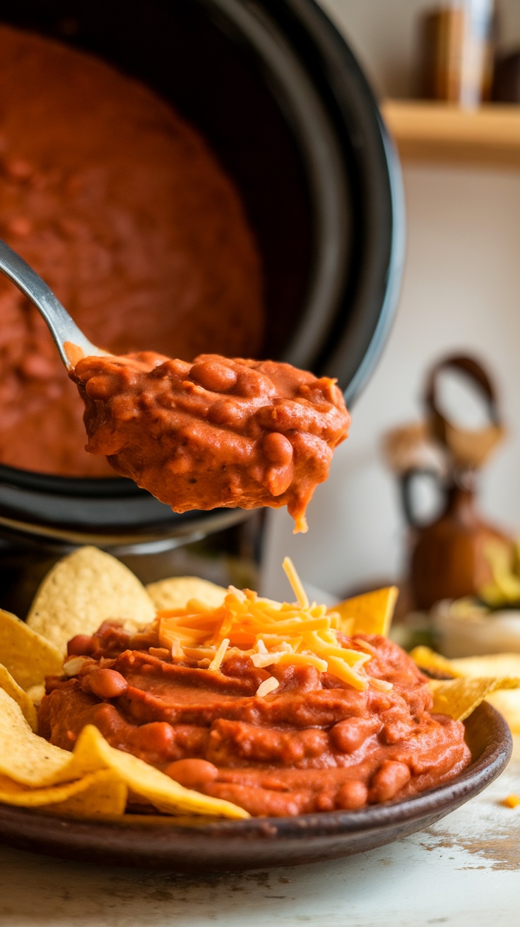 A bowl of creamy refried pinto beans topped with cheese, served with tortilla chips.