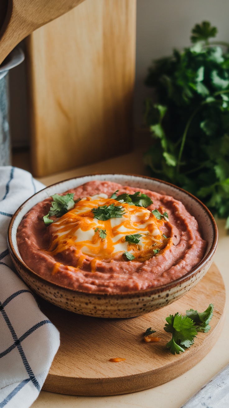 Bowl of refried pinto beans topped with cheese and cilantro