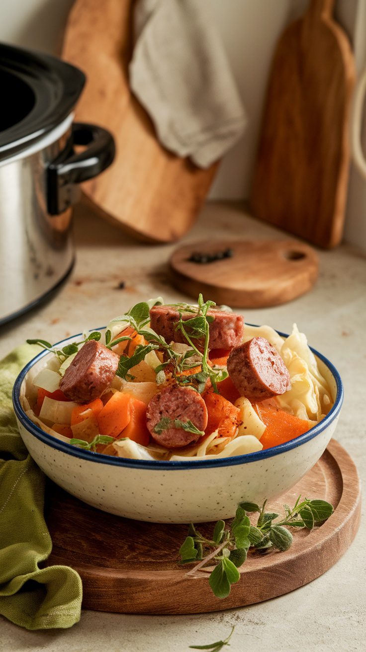 A bowl of crockpot sausage and cabbage with carrots and herbs, next to a slow cooker.