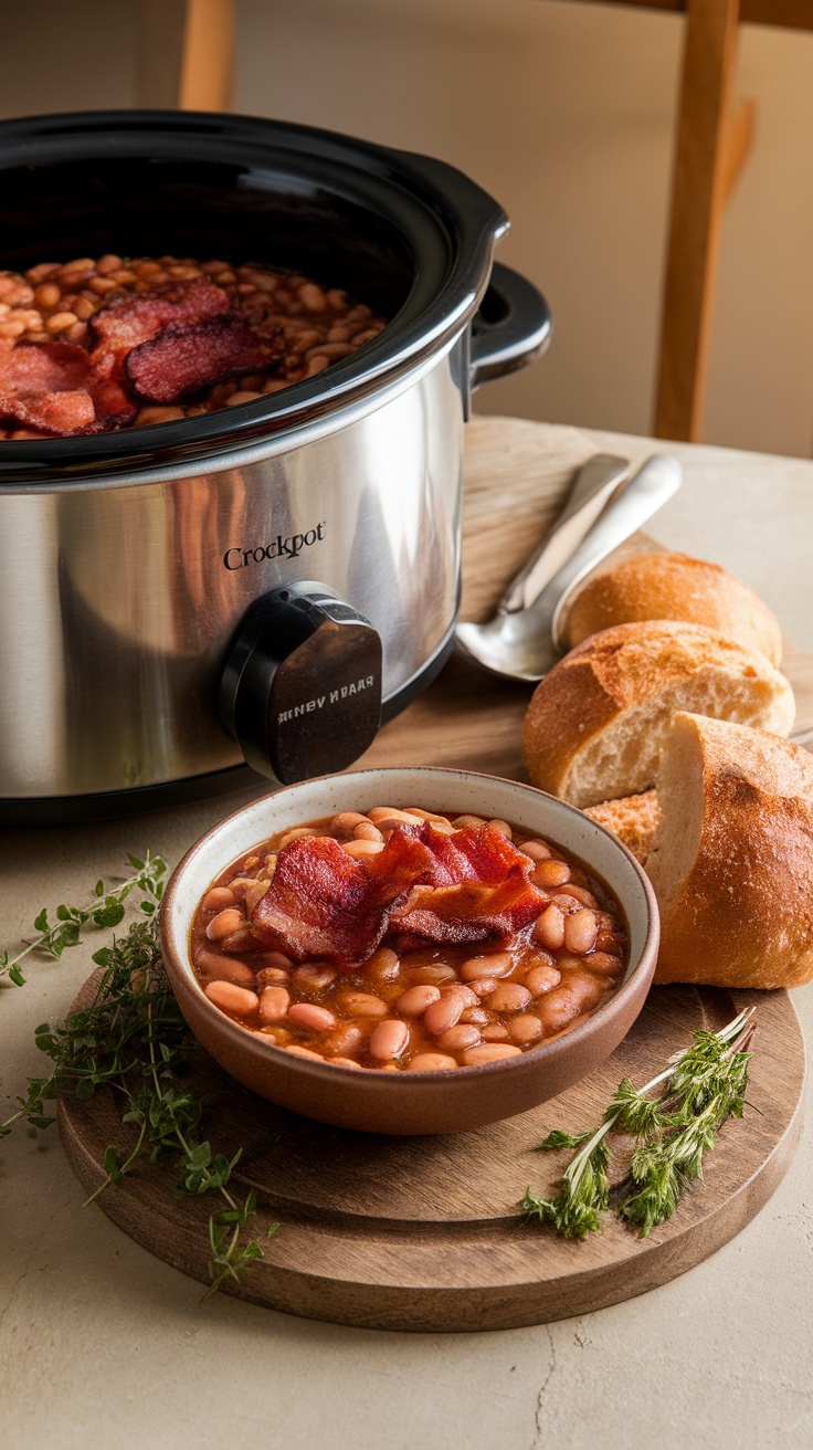 Bowl of smoky pinto beans with bacon beside a Crockpot and fresh bread rolls.