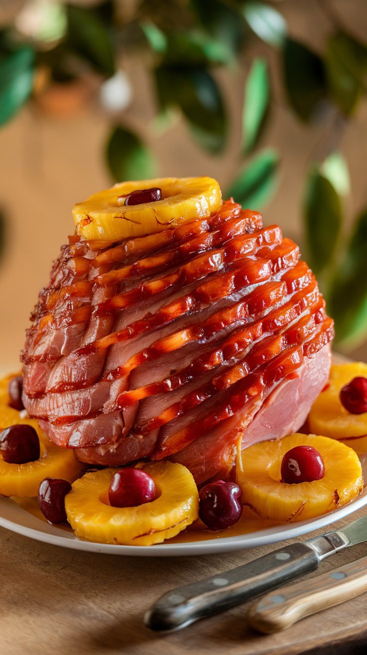 Crockpot Spiral Ham with Pineapple Glaze served with pineapple rings and cherries on a platter.