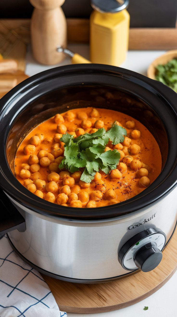 A delicious crockpot sweet potato curry with chickpeas and cilantro on top