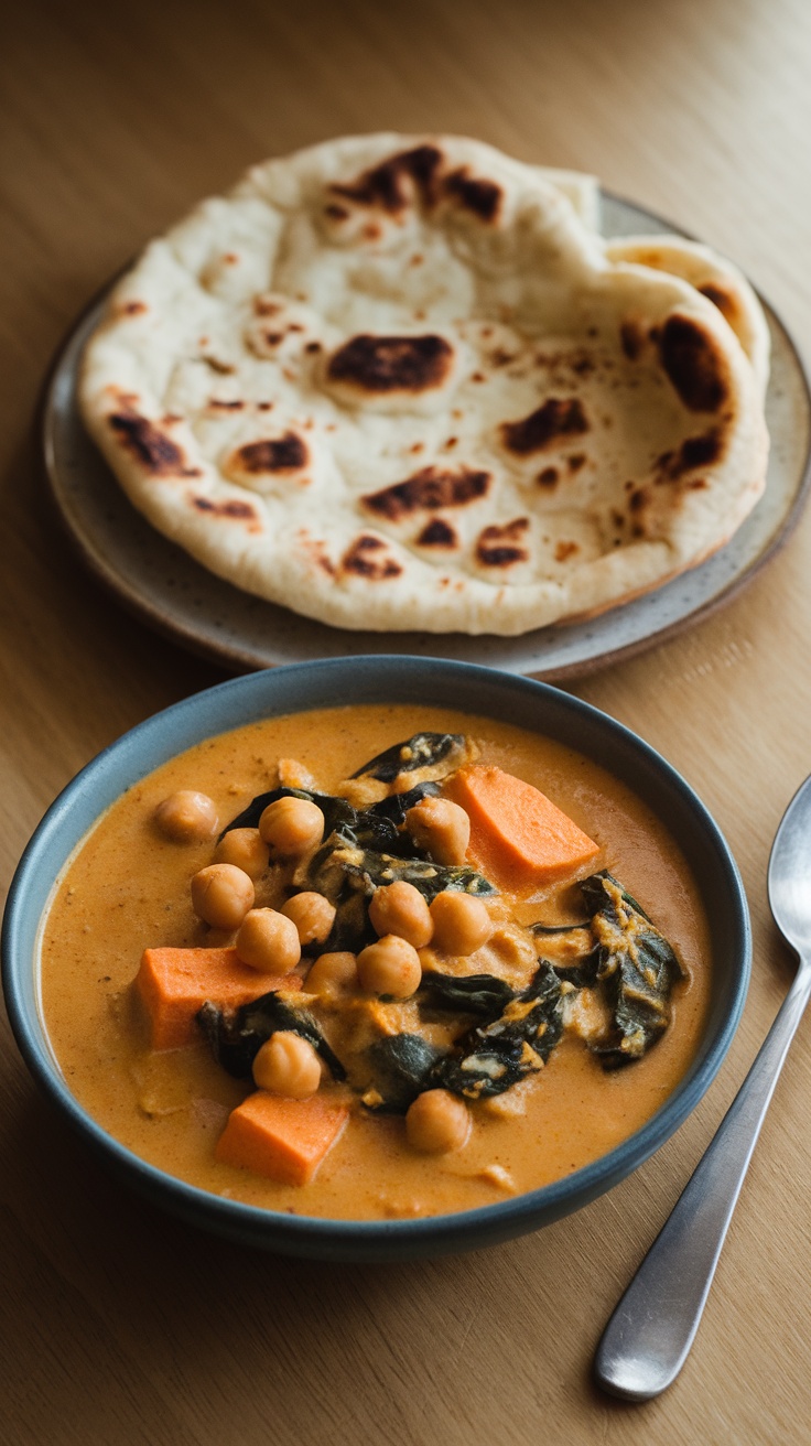 A bowl of creamy sweet potato curry with chickpeas and spinach, served with naan bread on a plate.