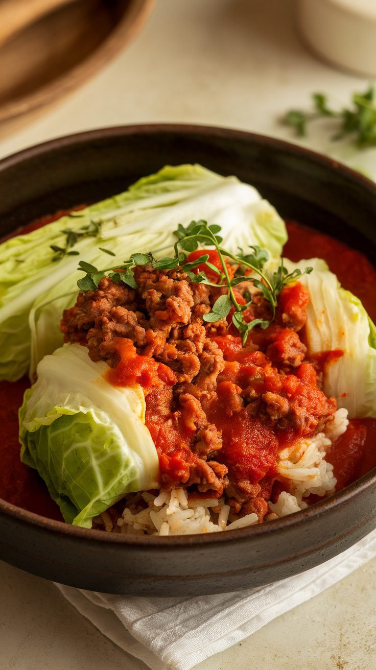 A bowl of crockpot unstuffed cabbage rolls served with rice, topped with ground meat and tomato sauce.