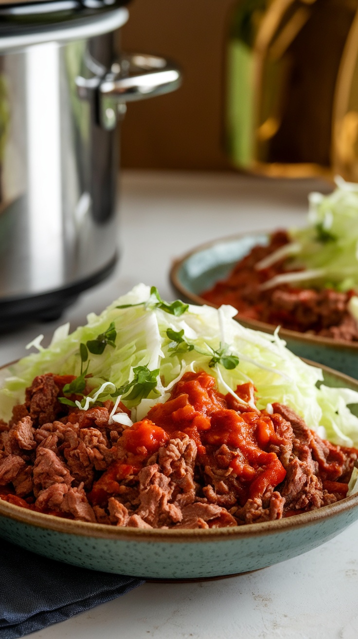 A plate of Crockpot Unstuffed Cabbage Rolls with shredded cabbage and tomato sauce