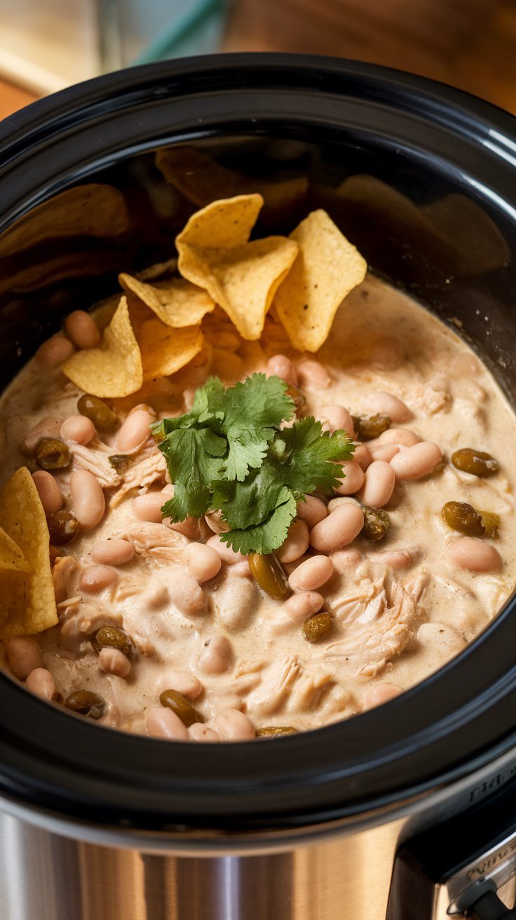 A bowl of creamy white chicken chili with tortilla chips and cilantro on top.