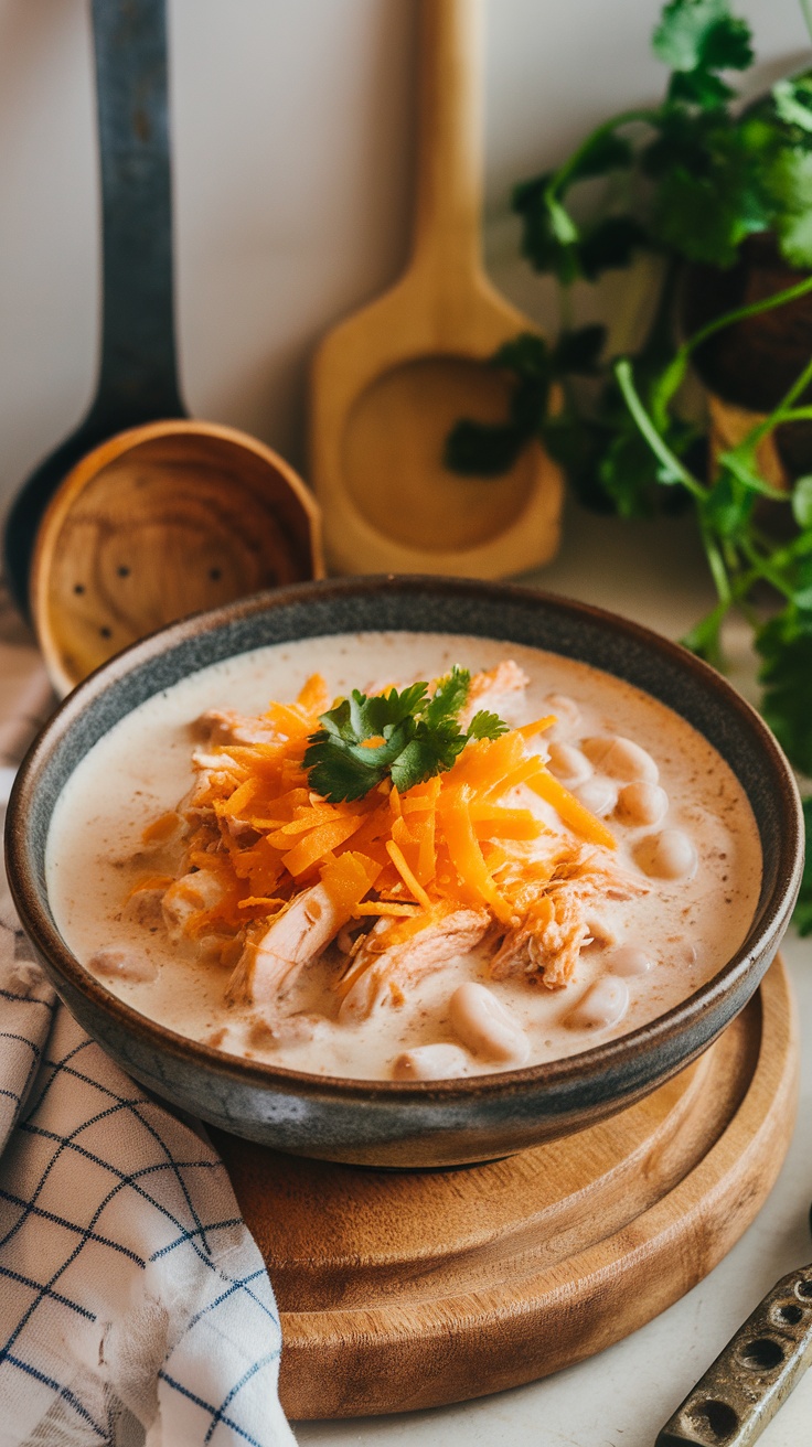 A bowl of creamy white chicken chili topped with shredded carrots and cilantro, with wooden serving spoons in the background.