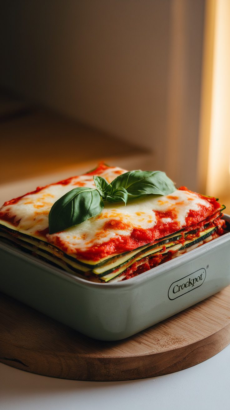 A delicious layers of zucchini lasagna topped with basil in a crockpot.