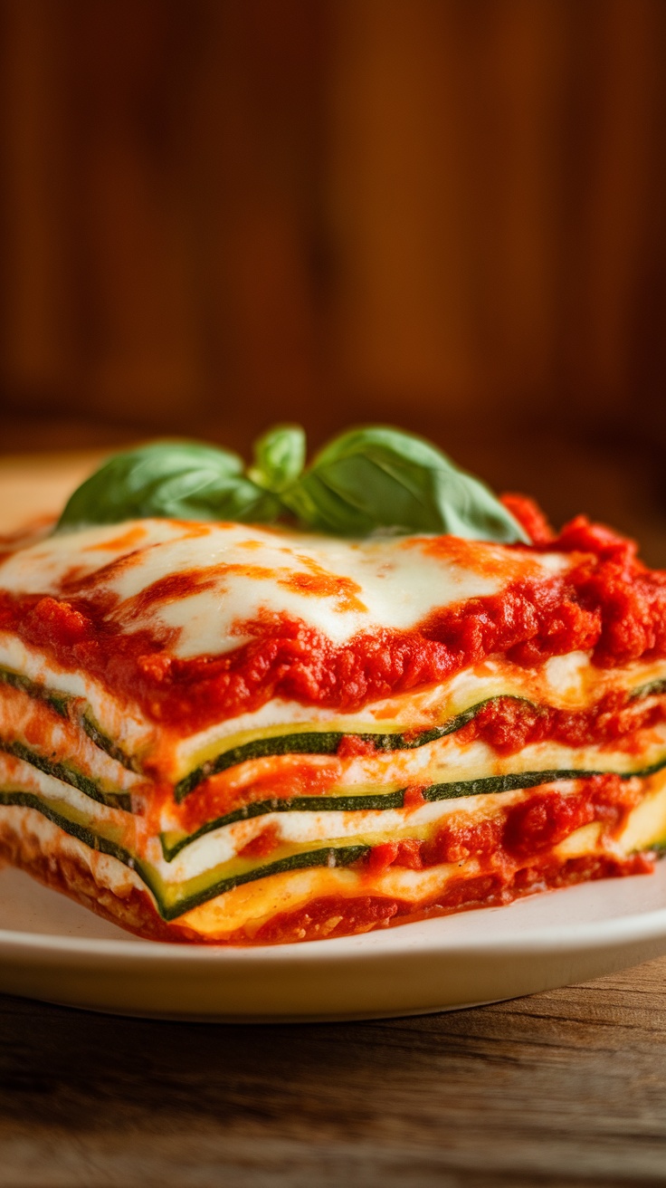 A delicious slice of zucchini lasagna with layers of cheese and marinara sauce, garnished with fresh basil.