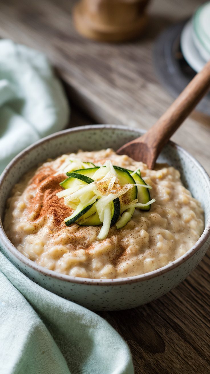 Bowl of creamy zucchini oatmeal topped with green zucchini slices and cinnamon.