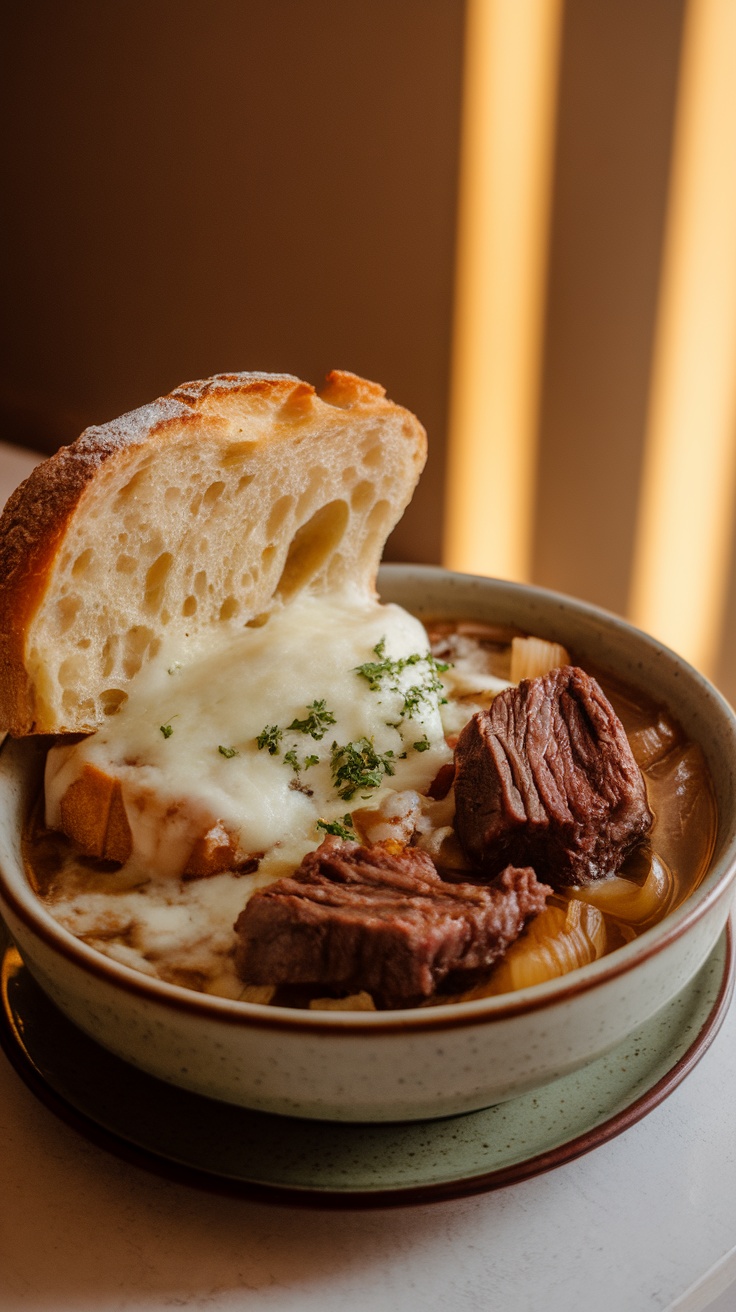 A bowl of French Onion Soup topped with melted cheese and short ribs, accompanied by a piece of crusty bread.