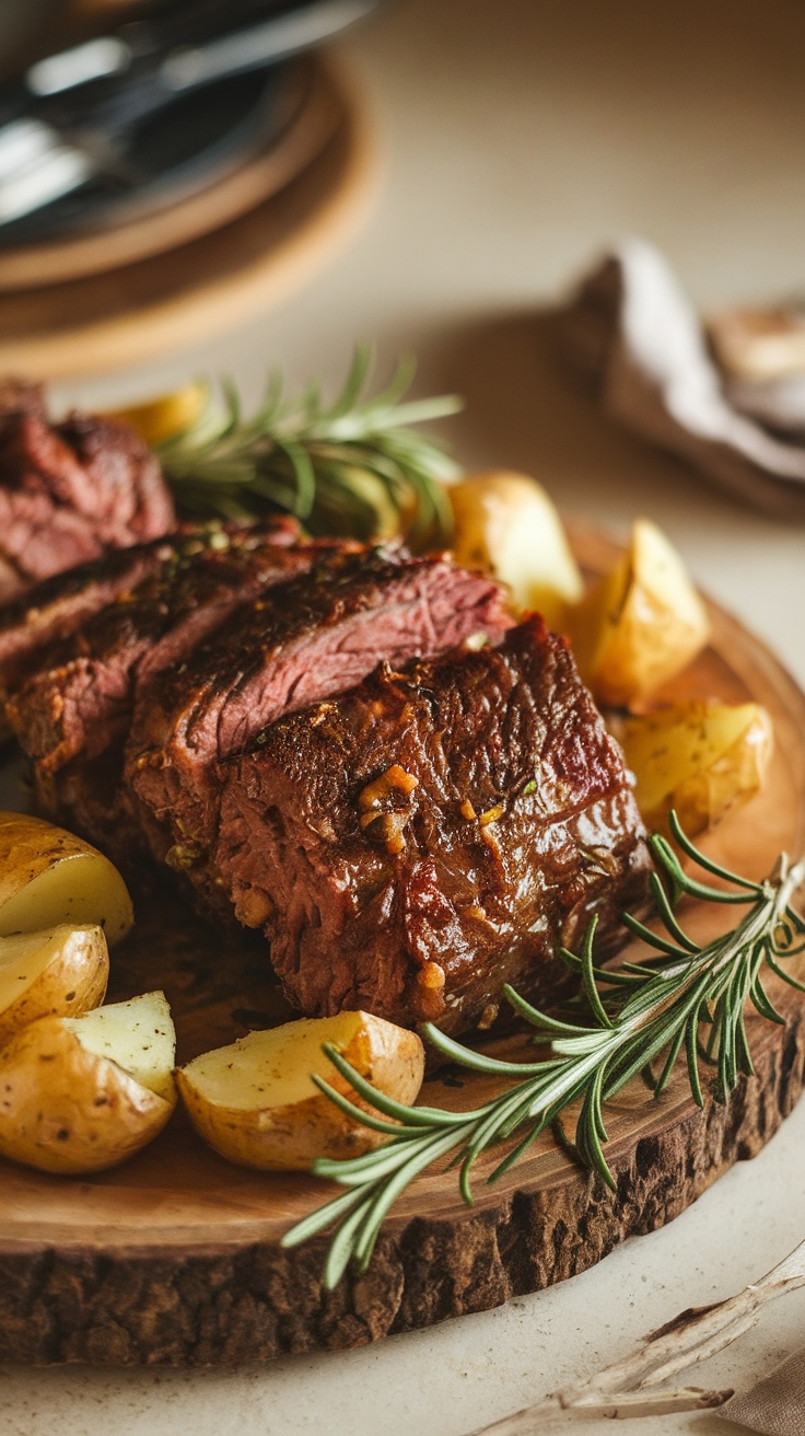 Tender garlic herb slow cooker short ribs served with roasted potatoes and fresh herbs.