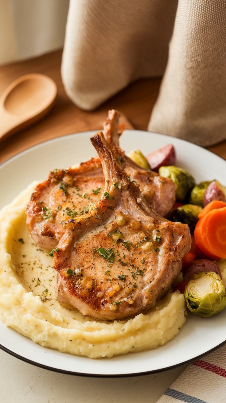 Garlic Parmesan Crockpot Pork Chops served with creamy mashed potatoes and colorful vegetables.