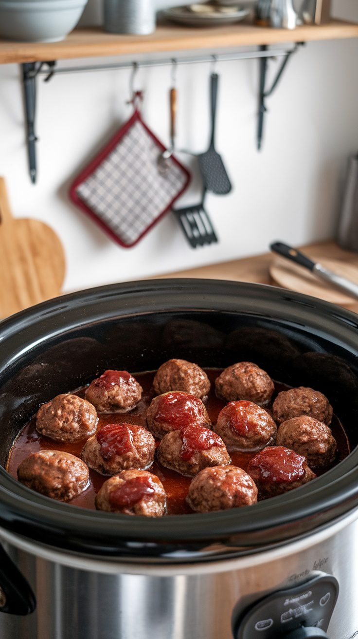 Crockpot filled with grape jelly meatballs