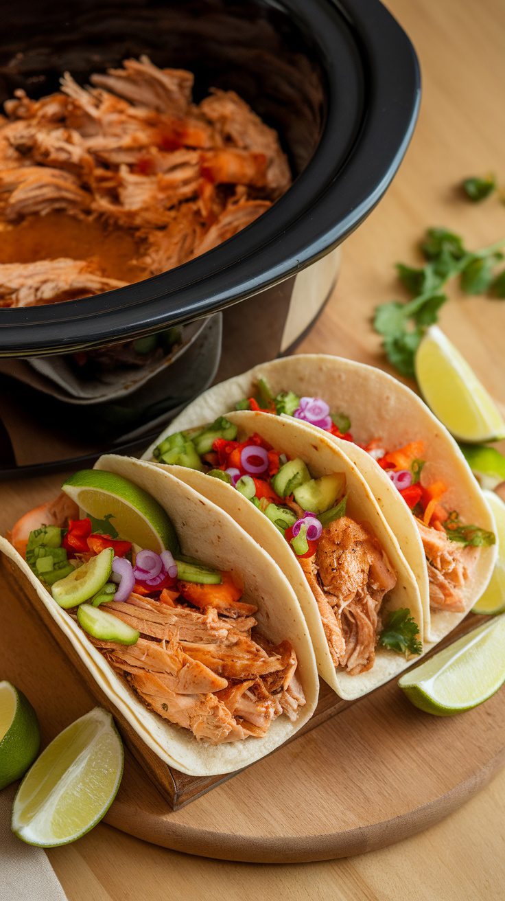 Healthy crockpot chicken tacos with fresh vegetables and lime