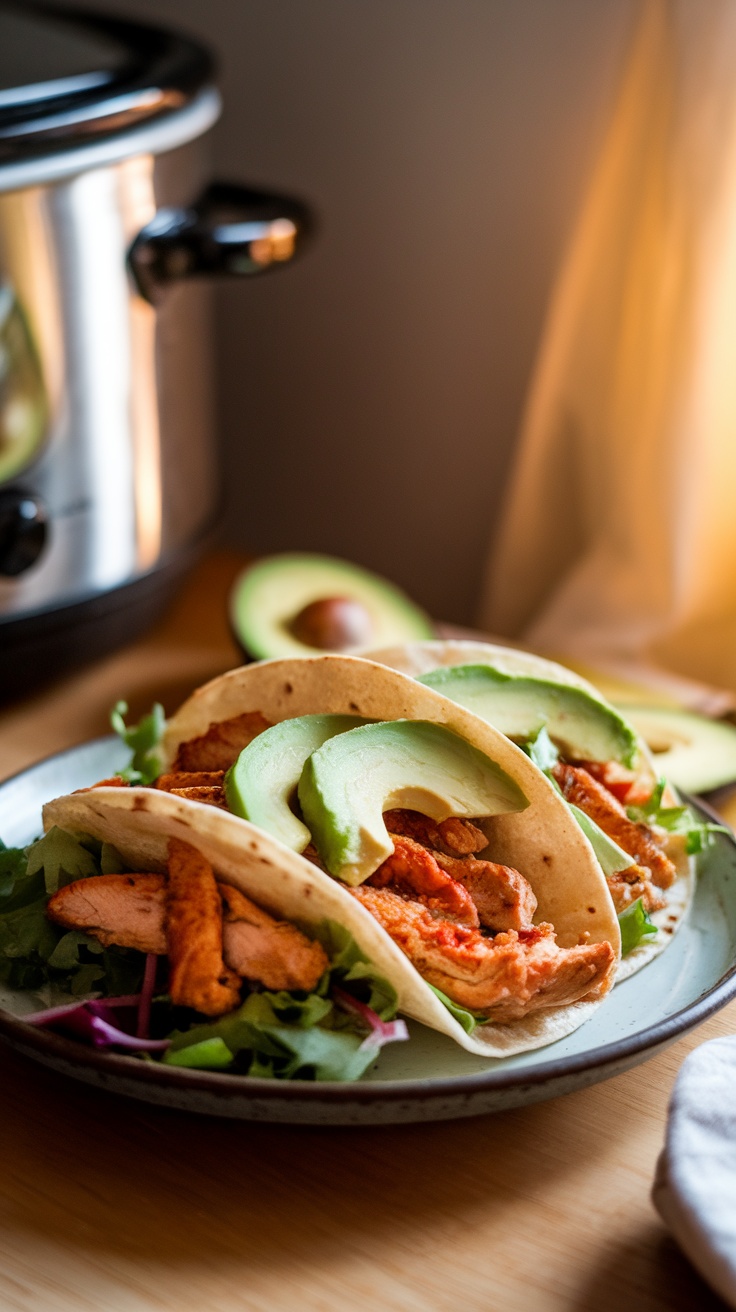 A plate of healthy crockpot chicken tacos with avocado and greens