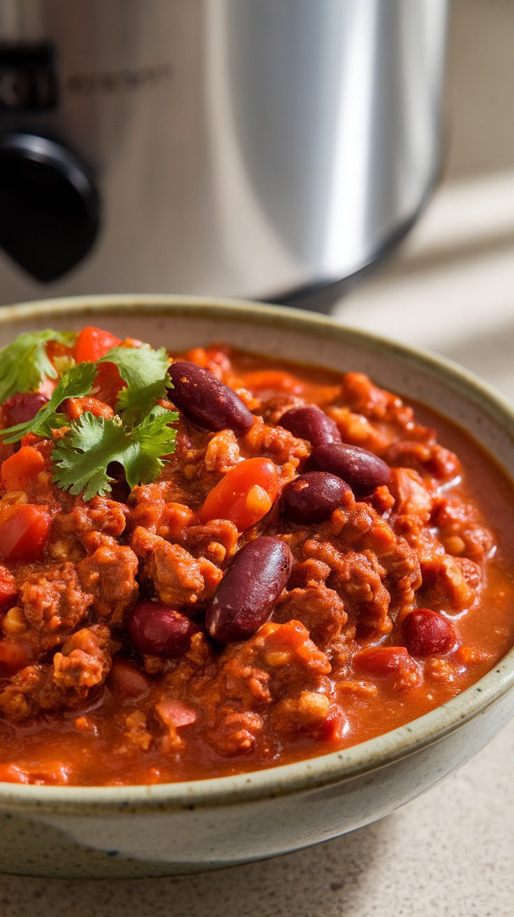 A bowl of healthy ground beef chili with kidney beans and fresh cilantro