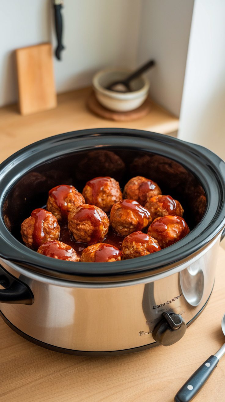 A slow cooker filled with honey BBQ glazed meatballs