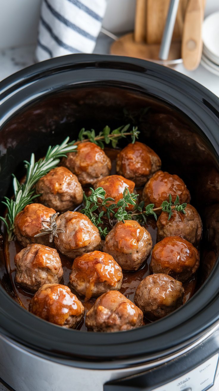 Honey Garlic Crockpot Meatballs in a slow cooker, garnished with herbs